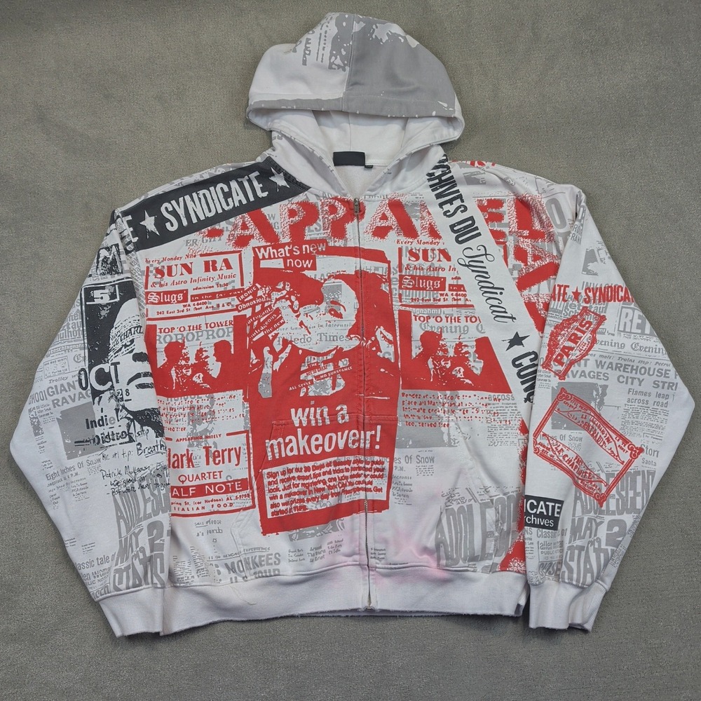 Syndicate Hoodie Mens 2XL White Red Newspaper Print Zip Up Designed In Paris